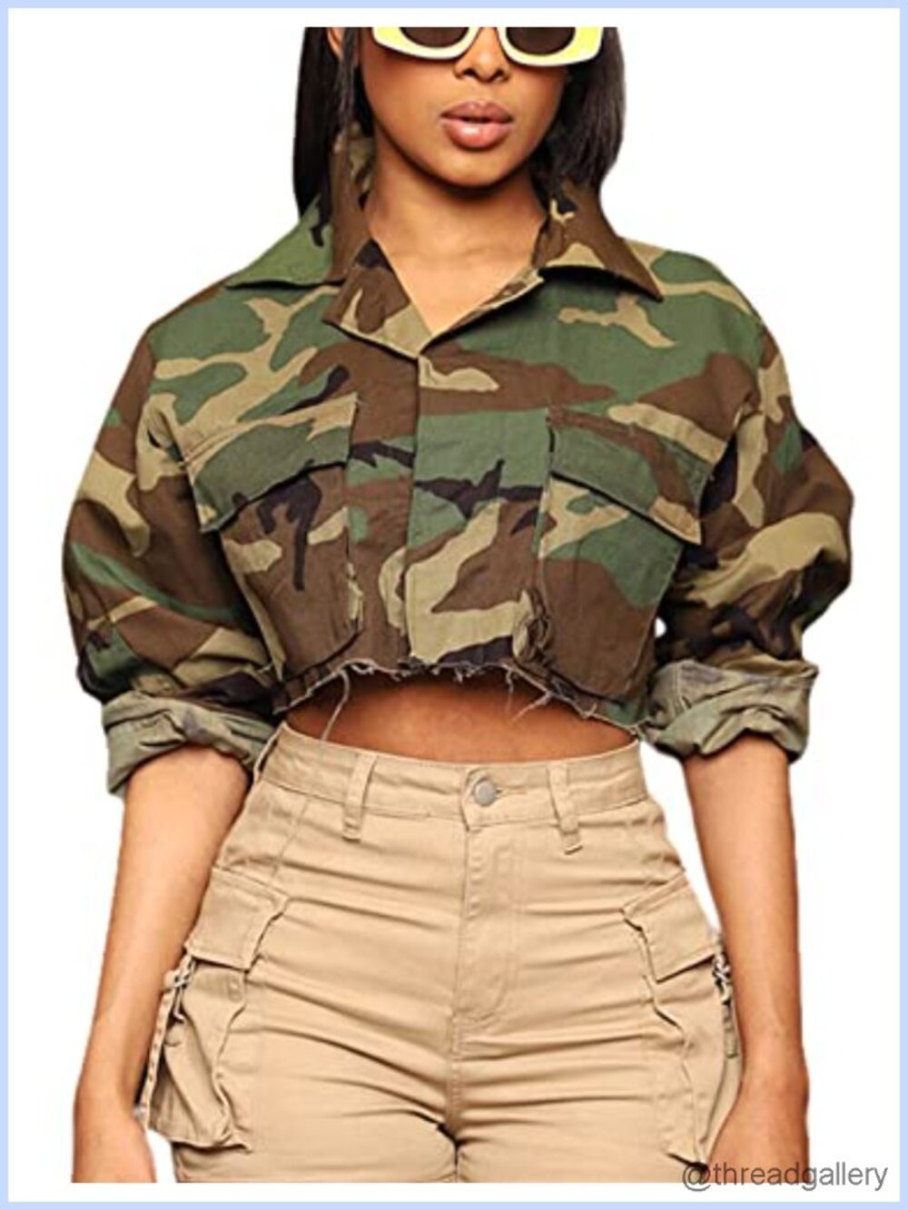 Women's Cropped Denim Bomber Jacket Camo Camouflage Army Fatigue Coat